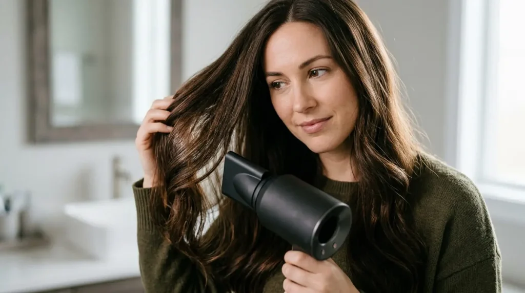 Mulher utilizando secador de cabelo com bico direcionador para finalizar os fios